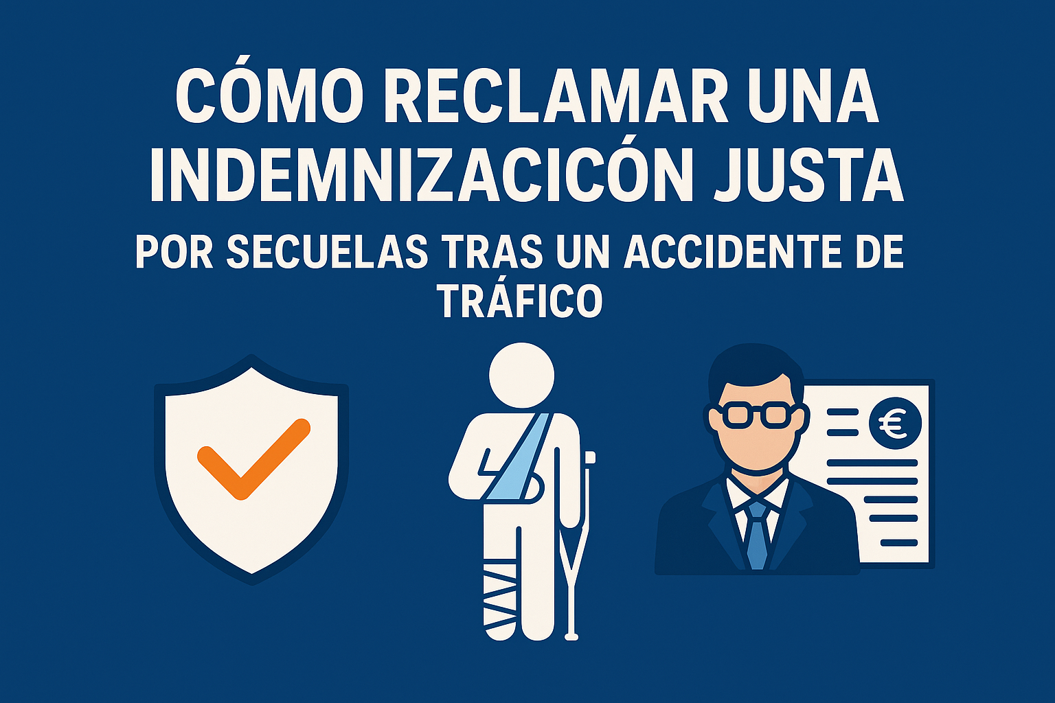 como reclamar una indemnizacion justa, con un fondo azul un hombre escayolado y un periodico con un hombre con traje.